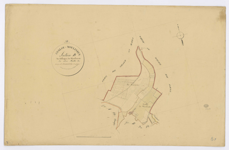 CHALOU-MOULINEUX. - Section B - du Village et de Moulineux, 1, ech. 1/2500, coul., aquarelle, papier, 68x103 (1831). 