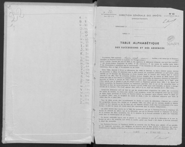 JUVISY-SUR-ORGE, bureau de l'enregistrement. - Tables des successions et des absences, volume 22, 1962. 