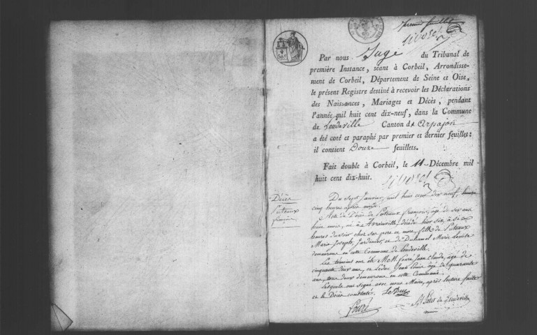 LEUDEVILLE. Naissances, mariages, décès : registre d'état civil (1819-1836). 