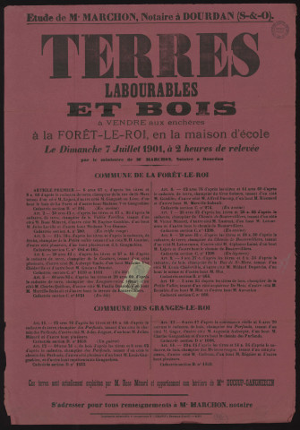 FORET-LE-ROI (la), GRANGES-LE-ROI (les). - Vente aux enchères de terres labourables et de bois appartenant aux héritiers de Mme DUCOUP-GANGNEBIEN, 7 juillet 1901. 