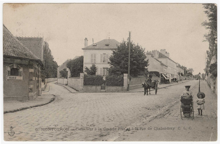 MONTGERON. - Carrefour de la Grande rue et de la rue Chalandray [Editeur CLC, 1908, 2 timbres à 5 centimes]. 