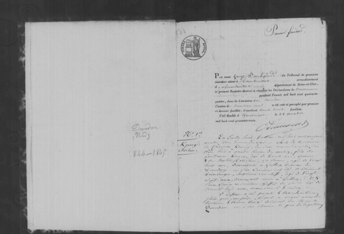 DOURDAN. Naissances, mariages, décès : registre d'état civil (1844-1845). 