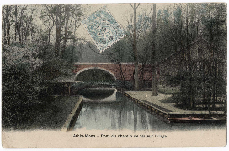 ATHIS-MONS. - Pont du chemin de fer sur l'Orge, Bréger, 1908, 4 mots, 5 c, ad., coloriée. 