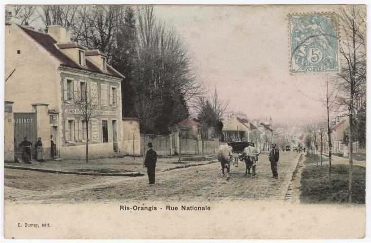 RIS-ORANGIS. - Route Nationale, attelage de boeufs [Editeur Dumay, 1905, timbre à 5 centimes, coloriée]. 