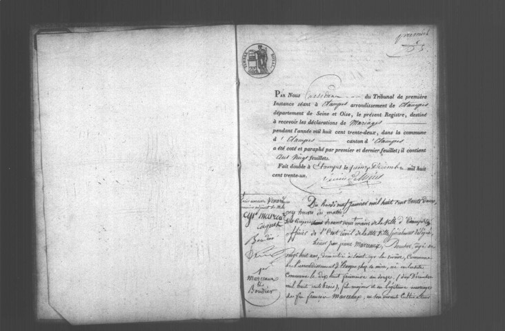 ETAMPES. Mariages : registre d'état civil (1832). 