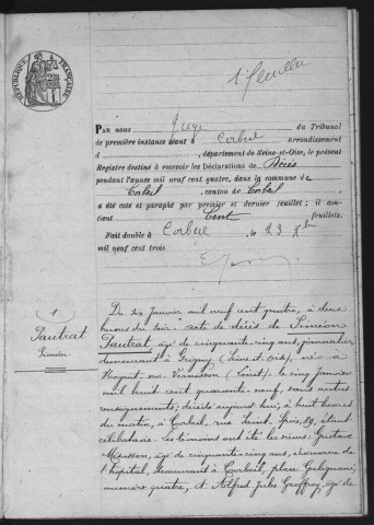 CORBEIL.- Décès : registre d'état civil (1904). 