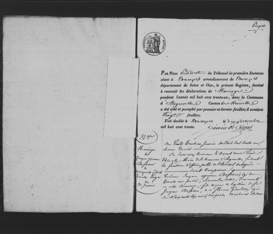 ANGERVILLE. Mariages : registre d'état civil (1831-1847). 