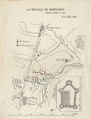 MONTLHERY. - La bataille de MONTLHERY, le 16 juillet 1465, dessin d'après VIOLLET-LE-DUC, [s. d.], N et B. Dim. 25 x 17,5. 