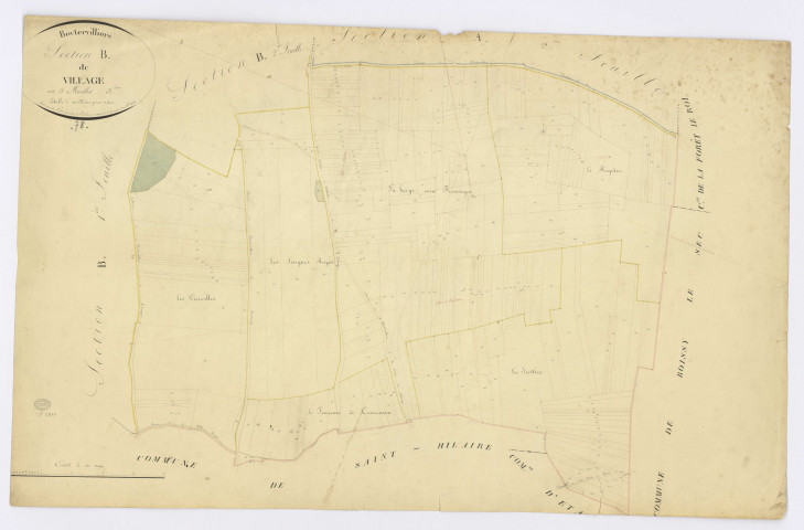 BOUTERVILLIERS. - Section B - Village (le), 3, ech. 1/2500, coul., aquarelle, papier, 65x100 (1824). 