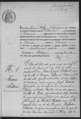 ETAMPES.- Mariages : registre d'état civil (1899). 