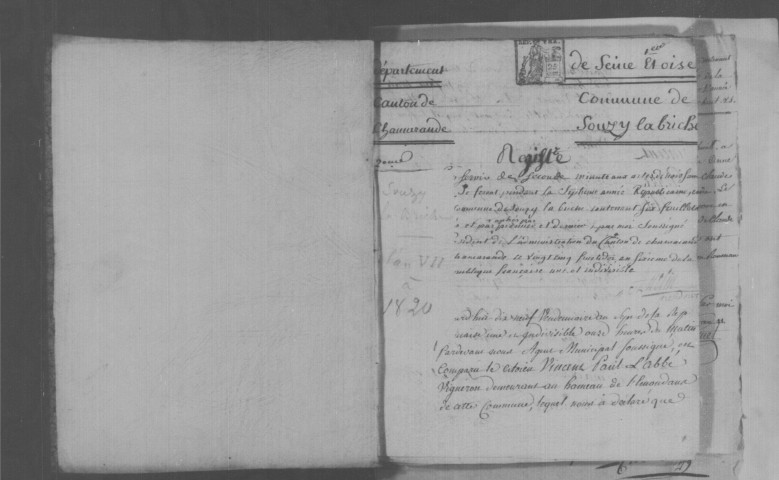 SOUZY-LA-BRICHE. Naissances, mariages, décès : registre d'état civil (an VII-1820). [mariages (an VII et les six premiers mois de l'an VIII), voir 4E506. Nota bene : publications de mariages (an XI)]. 