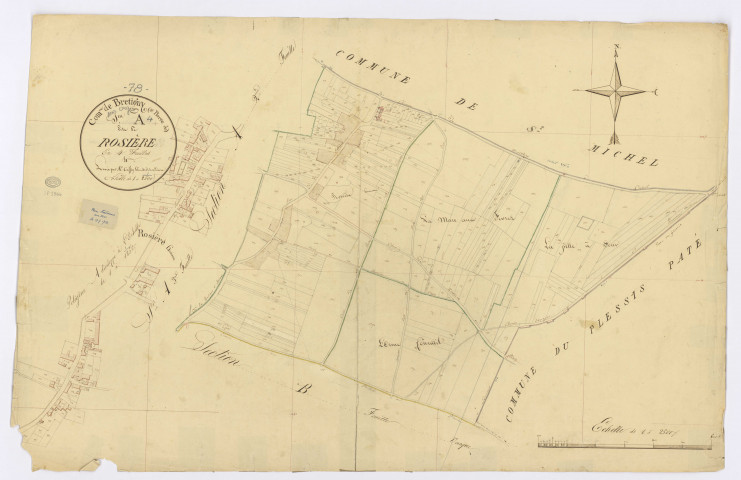 BRETIGNY-SUR-ORGE. - Section A - Rosière, 4ème feuille, ech. 1/2500, coul., aquarelle, papier, 64x99 (1820). 