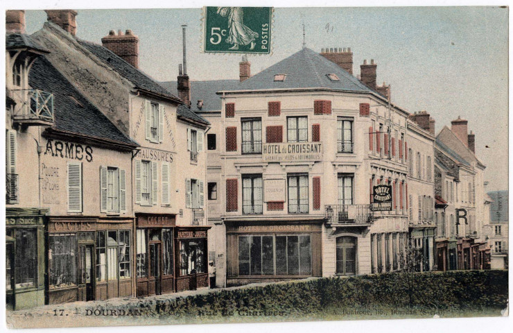 DOURDAN. - Rue de Chartres. Boutroue (1907), 3 mots, 5 c, ad, coloriée. 