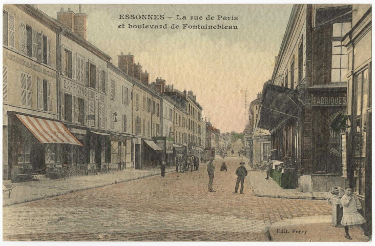 ESSONNES. - Rue de Paris et boulevard de Fontainebleau [route nationale], Ferry, 3 mots, ad., colorié. 