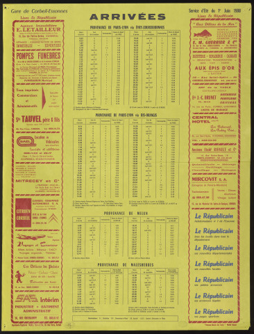 Le Républicain [quotidien régional d'information]. - Arrivées des trains en gare de Corbeil-Essonnes, à partir du 1er juin 1980 [service d'été] (1980). 