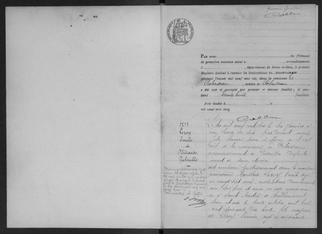 PALAISEAU. - Mariages : registre d'état civil.