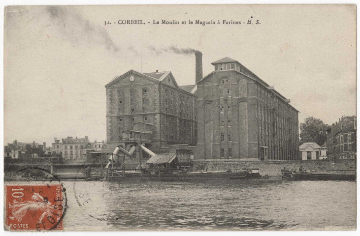 CORBEIL-ESSONNES. - Corbeil - Le moulin et le magasin à farine. Editeur HS, 1907, 1 timbre à 10 centimes. 