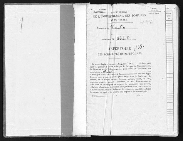 Conservation des hypothèques de CORBEIL. - Répertoire des formalités hypothécaires, volume n° 463 : A-Z (registre ouvert vers 1920). 