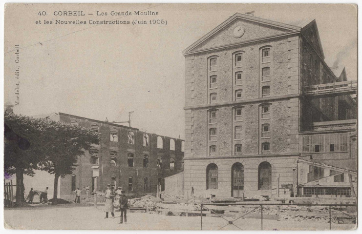CORBEIL-ESSONNES. - Les grands moulins et les nouvelles constructions (1905), Mardelet, 1907, 12 lignes, 10 c, ad. 