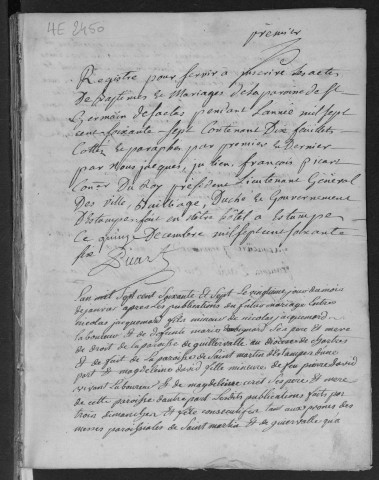 SACLAS. Paroisse Saint-Germain : Baptêmes, mariages, sépultures : registre paroissial (1767-1788). 