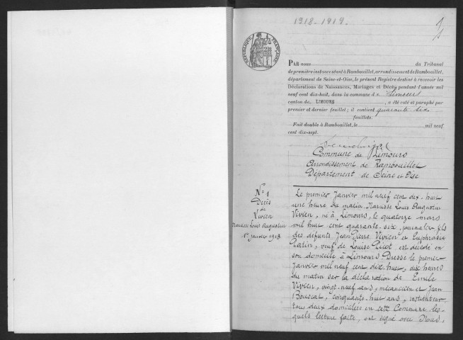 LIMOURS-EN-HUREPOIX. - Naissances, mariages, décès : registre d'état civil. 