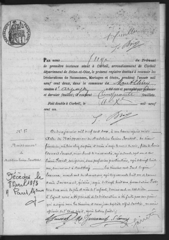 MONTLHERY.- Naissances, mariages, décès : registre d'état civil (1902). 