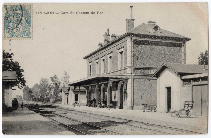 ARPAJON. - Gare du chemin de fer, Borné, 1905, 2 mots, 5 c, ad. 