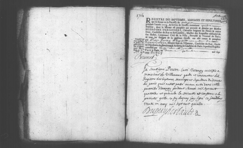 ORANGIS (RIS-ORANGIS). Paroisse Saint-Germain : Baptêmes, mariages, sépultures : registre paroissial (1693-1715, 1737-1746). [Lacunes : B.M.S. (1698)]. 