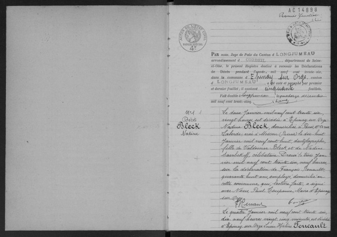 EPINAY-SUR-ORGE.- Décès : registre d'état civil. 