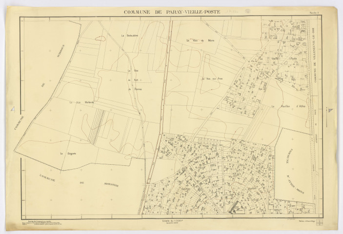 Fonds de plan topographique régulier de PARAY-VIEILLE-POSTE dressé et dessiné par M. POUSSIN, géomètre, vérifié par M. GRANIER, ingénieur-géomètre, feuille 3, 1946. Ech. 1/2.000. N et B. Dim. 0,34 x 1,10. 