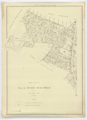 Plan topographique régulier de JUVISY-SUR-ORGE dressé et dessiné par M. POUSSIN, géomètre, vérifié par M. GESTA, ingénieur-géomètre, feuille 1, 1945. Ech. 1/2.000. N et B. Dim. 1,06 x 0,77. 