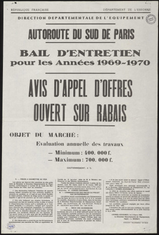 Essonne [Département]. - Autoroute du Sud de Paris : avis d'appel d'offres ouvert sur rabais, pour bail d'entretien pour les années 1969-1970, 3 mars 1969. 