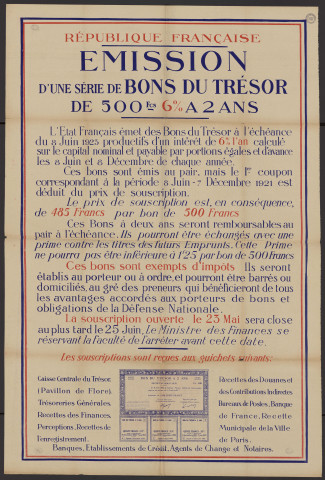 FRANCE (Pays).- Emission par l'Etat français d'une série de bons du Trésor de 500 Francs : demande de souscription, 1921. 
