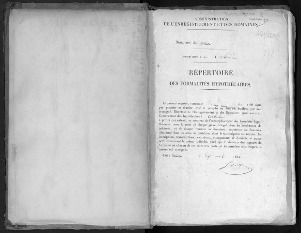 Conservation des hypothèques de CORBEIL. - Répertoire des formalités hypothécaires, volume n° 198 : A-Z (registre ouvert en 1846). 