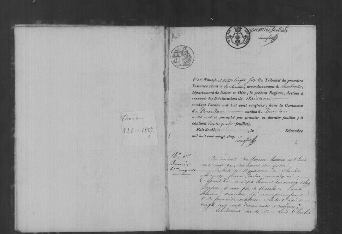 DOURDAN. Naissances, mariages, décès : registre d'état civil (1826-1827). 