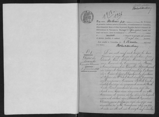 BURES-SUR-YVETTE.- Naissances, mariages, décès : registre d'état civil (1913-1926). 