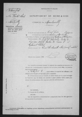 MONDEVILLE. - Administration de la commune. - Registre des délibérations du conseil municipal (22 mai 1910 - 20 avril 1932). 