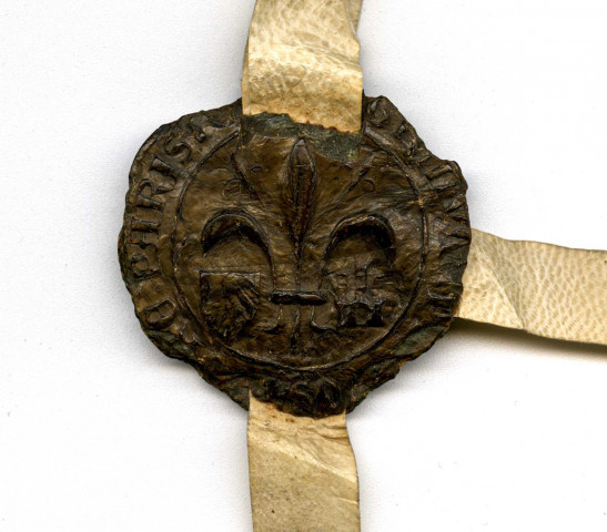 N° 2 - Vente d'un demi arpent un quartier de pré à Yerres, au-dessus du moulin d'Yerres appartenant aux Chartreux, faite par Jehan Guespin, demeurant à Villecresnes [Val-de-Marne], Agnès sa femme, Anne, Noëlle et Agnès, au profit des religieux, prieur et couvent de l'église Notre-Dame de Vauvert-les-Paris, de l'ordre des Chartreux, moyennant la somme de 20 francs du coin du roi, en censive du seigneur d'Yerres (16 mai 1380).