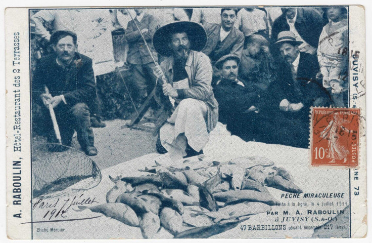 JUVISY-SUR-ORGE. - Pêche miraculeuse. (1912), 16 lignes, 10 c, ad. 
