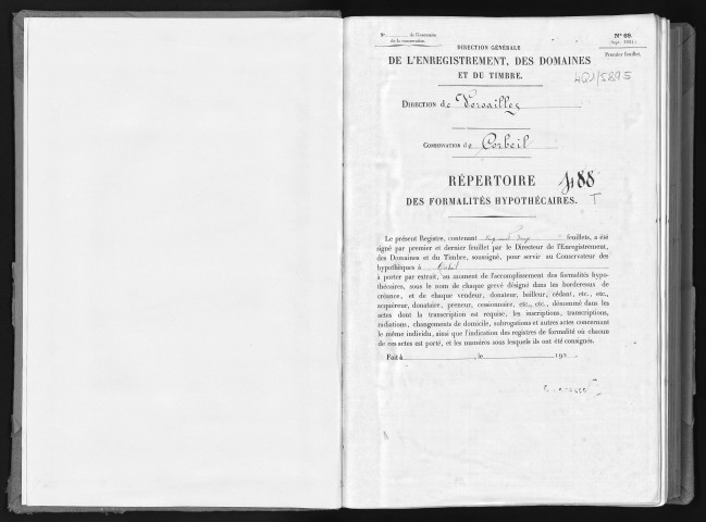 Conservation des hypothèques de CORBEIL. - Répertoire des formalités hypothécaires, volume n° 488 : A-Z (registre ouvert vers 1920). 