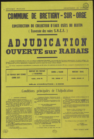 BRETIGNY-SUR-ORGE. - Adjudication ouverte sur rabais pour la construction du collecteur d'eaux usées du Blutin [traversée des voies SNCF], 23 octobre 1969. 