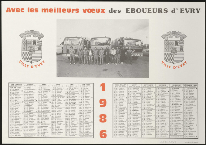 EVRY. - Calendrier des éboueurs d'Evry (1986). 