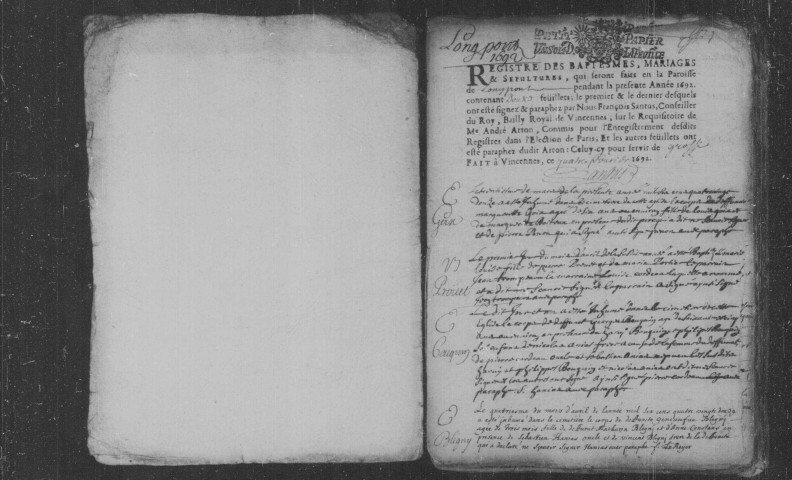 LONGPONT-SUR-ORGE. Paroisse Saint-Barthélémy : Baptêmes, mariages, sépultures : registre paroissial (1692-1740). [Lacunes : B.M.S. (1728-1736, 1738-1740)]. 