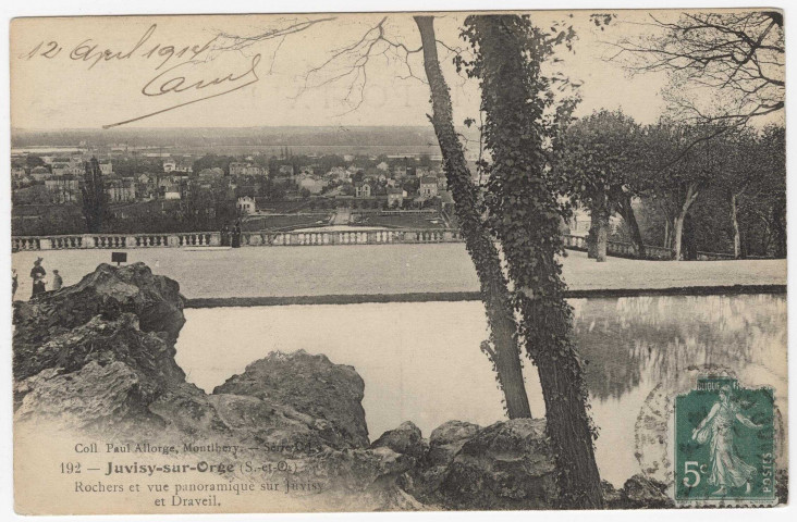 JUVISY-SUR-ORGE. - Rochers et vue panoramique sur Juvisy et Draveil. Paul Allorge, (1914), 1 mot, 5 c, ad. 