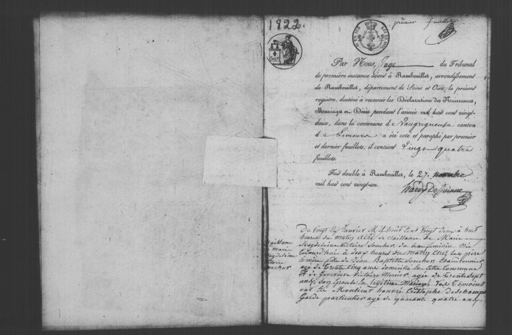 VAUGRIGNEUSE. Naissances, mariages, décès : registre d'état civil (1822-1832). 