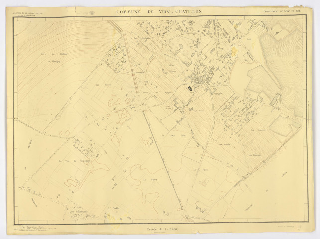 Plan topographique régulier de VIRY-CHATILLON dressé et dessiné en 1948 par L. POUSSIN, géomètre, vérifié par M. DUVOUCOUX, feuille 2, Ministère de la Reconstruction et de l'Urbanisme, 1949. Ech. 1/2.000. N et B. Dim. 0,80 x 1,07. [mauvais état]. 