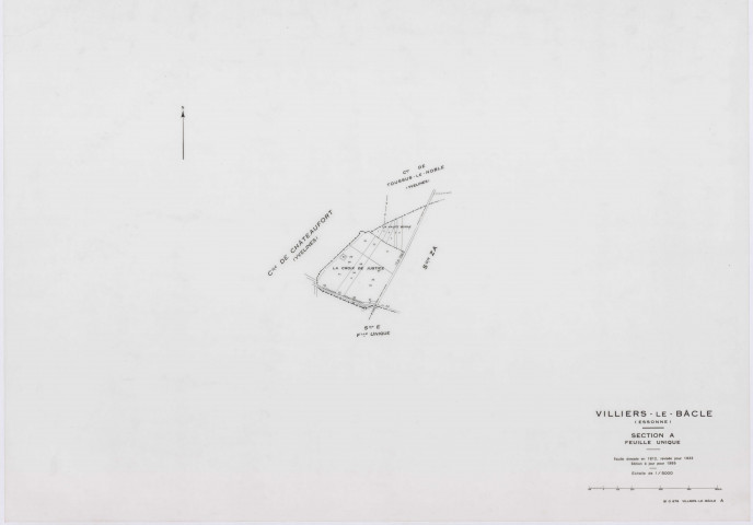 VILLIERS-LE-BACLE, plans minutes de conservation : tableau d'assemblage,1933, Ech. 1/5000 ; plans des sections A, B, 1933, Ech. 1/5000, sections C1, E2, 1933, Ech. 1/1250, sections C2, D, E1, 1933, Ech. 1/2500, section ZA, 1965, Ech. 1/2000. Polyester. N et B. Dim. 105 x 80 cm [9 plans]. 