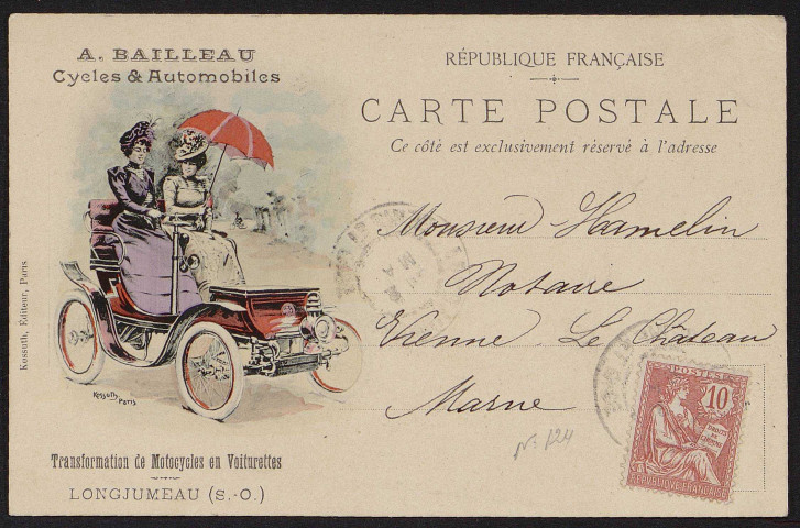 LONGJUMEAU.- Cycles et automobiles A. Bailleau, transformation de motocycles en voiturettes (2 mai 1902).