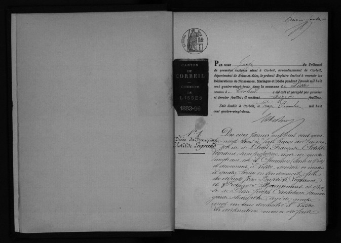 LISSES. Naissances, mariages, décès : registre d'état civil (1883-1896). 