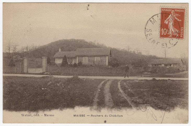 MAISSE. - Rochers du Châtillon. Wetzel, (1918), 3 lignes, 10 c, ad., sépia. 